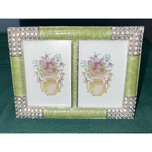 Decorative Enamel Rhinestone Metal Ornate Picture Frame 2 Photos 2"x 3" Green